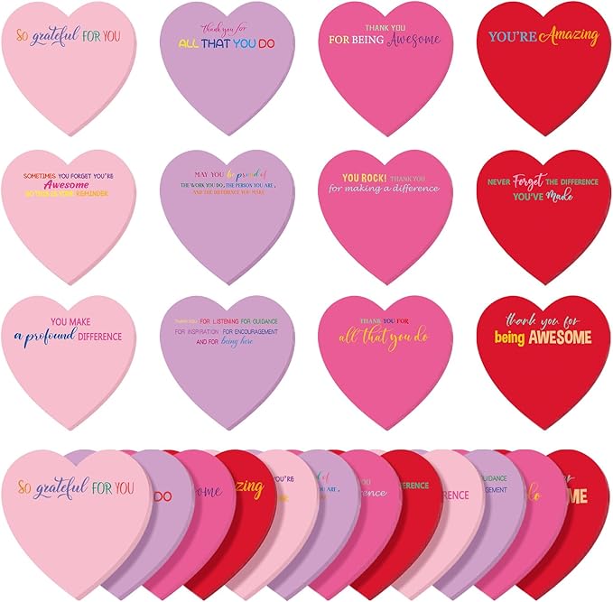 Teling 24 Pack Valentine's Day Sticky Notes Heart Shape Sticky Notes 3 x 3 Inch Thank You Notepads Bulk Cute Memo Pads for Valentines Party Gifts School Office Supplies (Red Pink Purple)