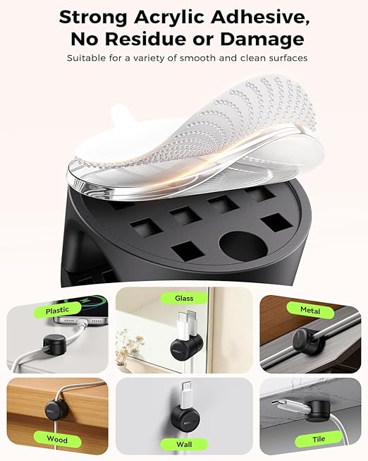 Rocoren 9 Pack Cable Clips [Upgraded], Magnetic 360° Rotatable Cord Holder, Adhesive Cable Management Organizer, Wire Keeper for Nightstand Desk Car Home Office Accessories