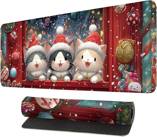 Desk Mat, XXL Extended Gaming Pad for Desktop, 31x12 Inches Cats in Santa Hats at Window, Large Non-Slip Vegan Leather Keyboard Mouse Mat for Home Office