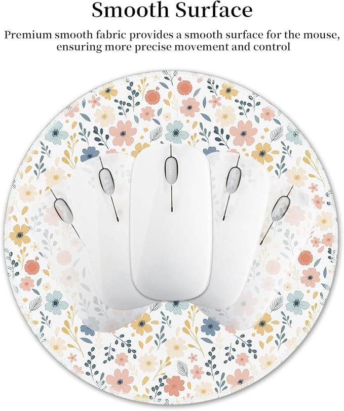 Mouse Pad for Desk, White Floral Flowers Small Cute Mousepad with Non-Slip Base, Round Mouse Pads for Wireless Mouse Laptop Gaming, Computer Mouse Mat for Home Office Travel Desk Accessories