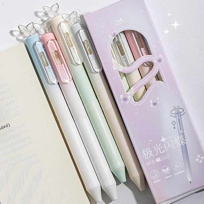 4 Pcs Cute Retractable Pens Butterfly Gel Pen 0.5mm Fine Point Black Ink Smooth Writing Pen Office School Supplies Aesthetic Gradient Pastel Pens for Women Girls (4Pcs Butterfly)