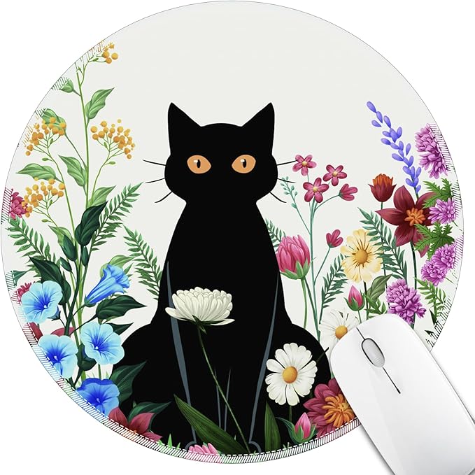 Black Cat Floral Mouse Pad for Desk, Small Cute Mousepad with Non-Slip Base, Round Mouse Pads for Wireless Mouse Laptop Gaming, Computer Mouse Mat for Office Decor Desk Accessories Supplies