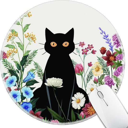 Black Cat Floral Mouse Pad for Desk, Small Cute Mousepad with Non-Slip Base, Round Mouse Pads for Wireless Mouse Laptop Gaming, Computer Mouse Mat for Office Decor Desk Accessories Supplies