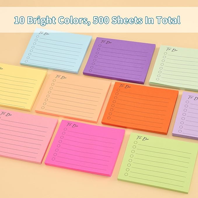 EOOUT 10 Pack Sticky Notes, 500 Sheets Self-Stick to Do List with Line, 3x4 Inch Adhesive Memo Sticky Notes Notepad Bulk, Home Office School Planner Reminder Supplies