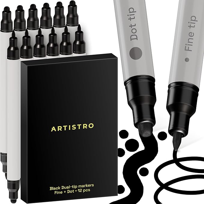 ARTISTRO 12 Black Acrylic Paint Markers for Rock, Fabric, Wood, Glass, Decoration - Dual-Tip Paint Pens for Coloring Books for Adults, Teens, Kids - Art and Craft Supplies Kit - Gift Idea