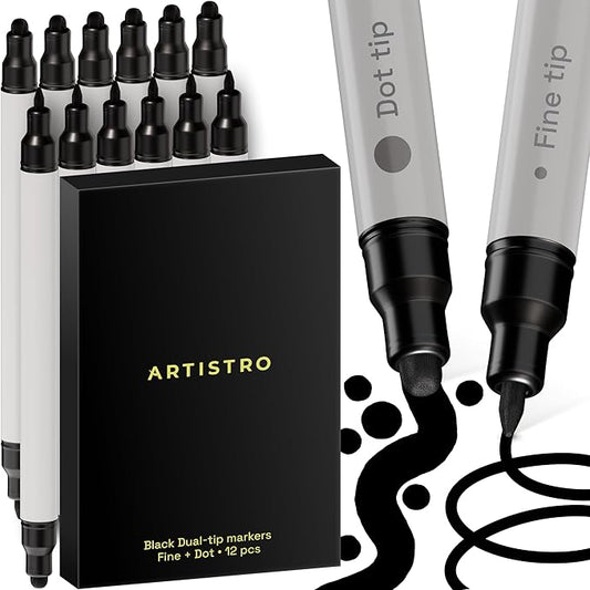 ARTISTRO 12 Black Acrylic Paint Markers for Rock, Fabric, Wood, Glass, Decoration - Dual-Tip Paint Pens for Coloring Books for Adults, Teens, Kids - Art and Craft Supplies Kit - Gift Idea