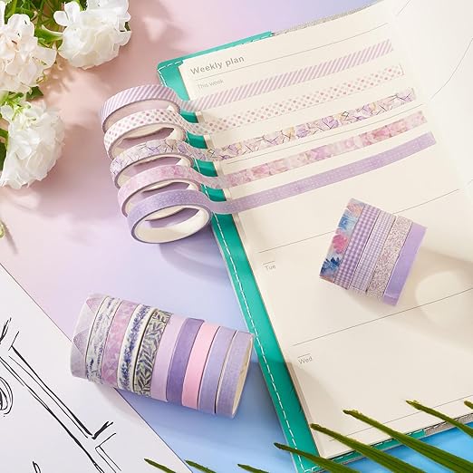 20 Rolls Scrapbook Tape 7 mm Cute Decorative Tape Set Floral Tape Pack Purple Aesthetic Colored Tape Rolls Stickers for Crafts DIY Scrapbook Bible Study Journaling Planner Supplies