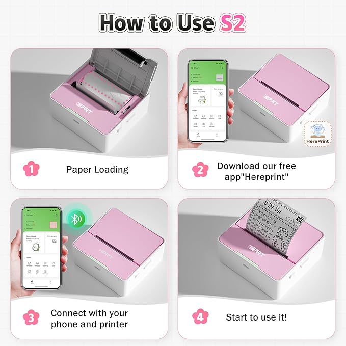iDPRT Sticker Printer - Mini Portable Printer Bluetooth Thermal Label Printer with 1 Roll Sticker Paper, Inkless Sticker Maker Machine Pocket Instant Print for Study Notes, Pictures, DIY, Pink