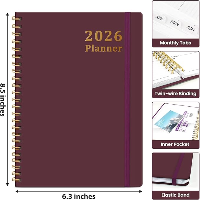 2026 Planner, Weekly and Monthly Calendar Planner, January 2026 - December 2026, Hardcover 2026 Calendar Book with Tabs For Women & Men, Inner Pocket, Spiral Bound, Perfect for Office Home School Supplies - A5 (6.3" x 8.5"), Burgundy