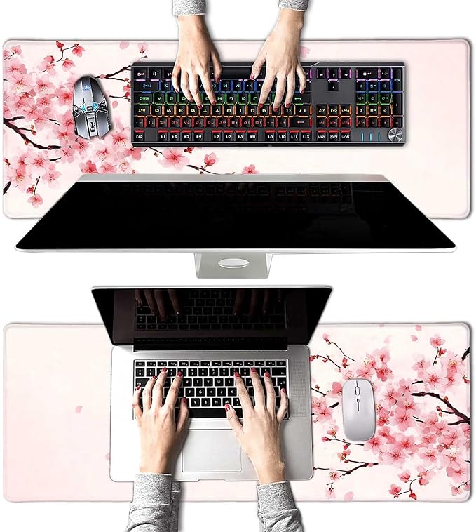 Pink Cherry Blossom Japanese Large Mouse Pad, Desk Mat Computer Keyboard Pad Non-Slip Rubber Base Waterproof with Stitched Edges for Laptop Gaming, Office & Home 31.5 x 11.8 Inch