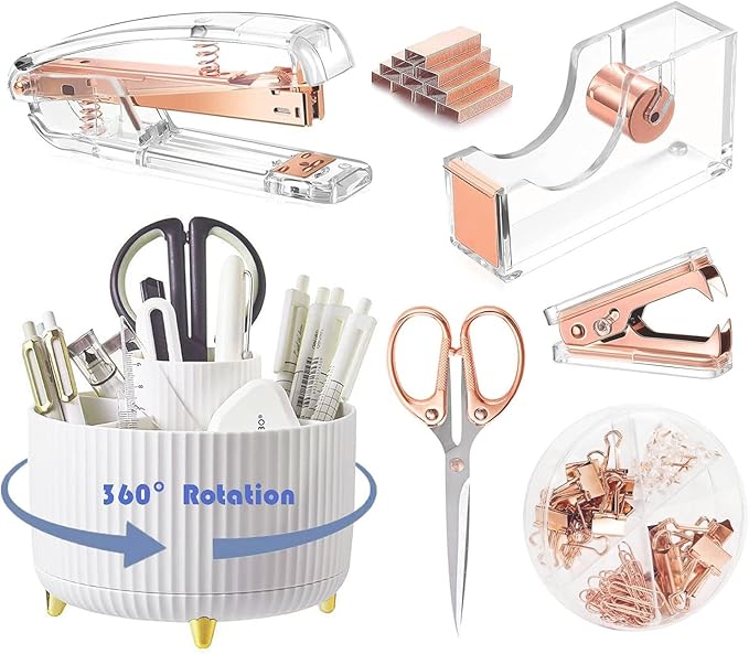 Desk Organizers and Accessories Set with 360-Degree Rotating Pen Holder, Acrylic Stapler, Tape Holder, Staple Remover, Binder/Paper Clips Kit, Scissor and 1 Box of Staples