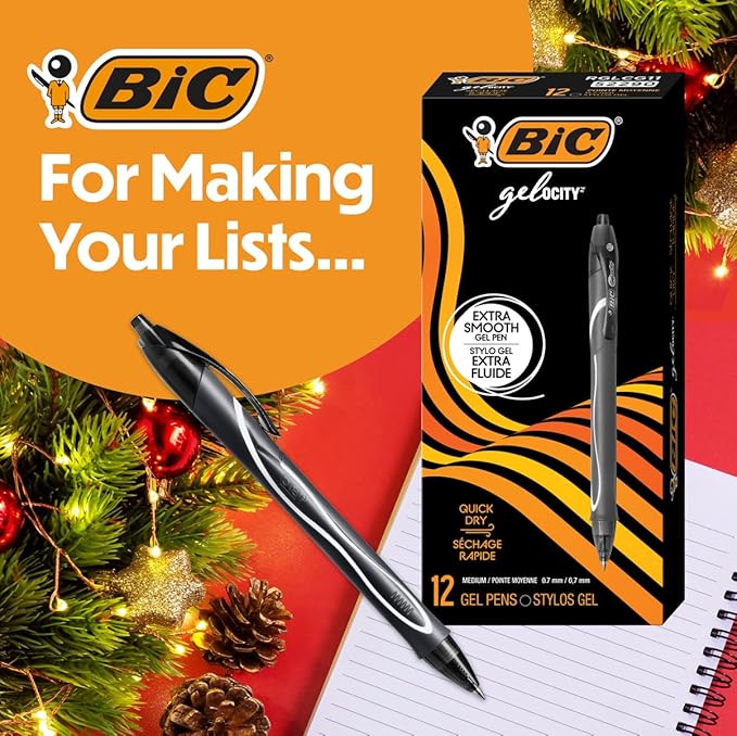 BIC Gelocity Quick Dry Black Gel Pens, Medium Point (0.7mm), 12-Count Pack, Retractable Gel Pens With Comfortable Full Grip