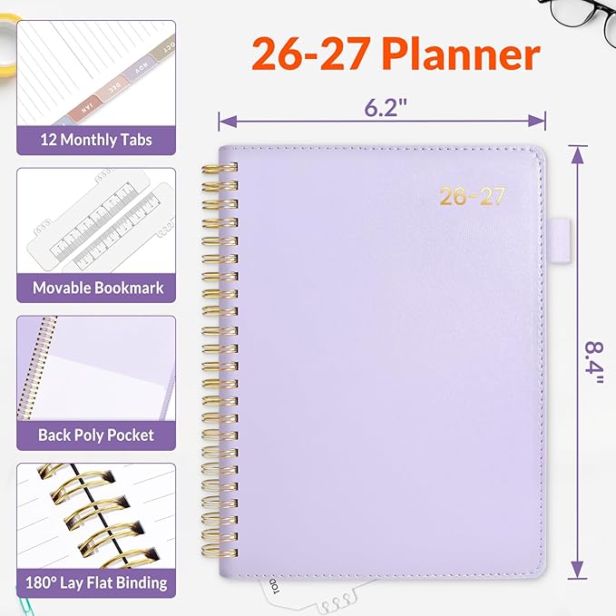 SUNEE 2026-2027 Weekly & Monthly Planner 6.4"x8.5" - 12 Month (July 2026 - June 2027), Vegan Leather Cover Planner Academic Year Calendar, Pocket, Notes, Monthly Tab, Purple