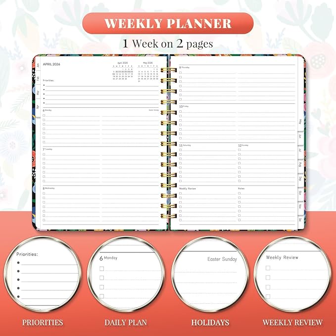 2026 Planner 8.5 x 11, Large Weekly and Monthly Planners with Tabs, A4 Spiral Bound Daily Calendar 2026 Planner, 12 Month Agenda Organizers from Jan. to Dec.(Pink Bloss)