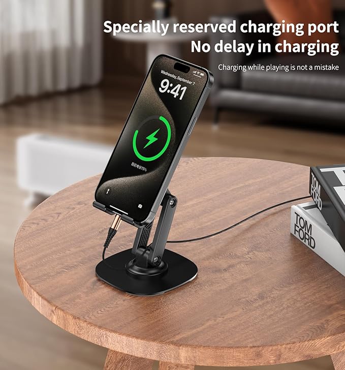 360° Degree Rotating Mobile Phone Holder,Fully Adjustable Foldable Desktop Phone Holder Stand Base,Foldable Desktop Cell Phone Stands for iPhone17 16 15 Pro Xr Xs Max X Plus iPad Samsung(K69-Black)