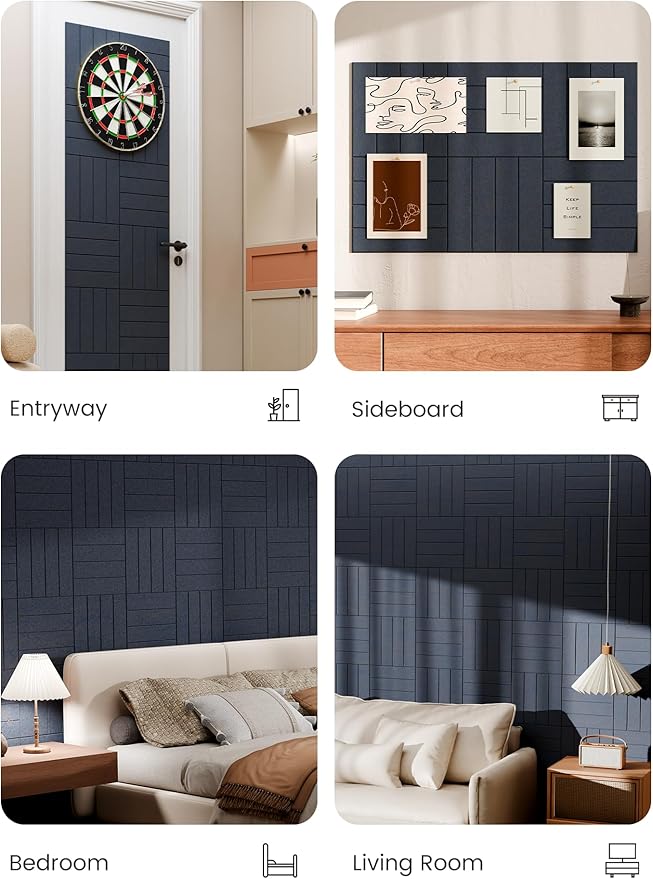 Bumusty Large Cork Board Alternative-36 x 24" Felt Bulletin Board Tiles, with 30 Pushpins, 40 Adhesive Tabs, 6-Pack Slat Wall Paneling, Cork Boards for Office Push Pin Board-Deep Charcoal Blue