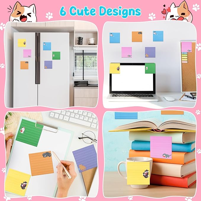 12 Pack Cat Sticky Notes, 6 Colors Lined to Do List Notepads, 3 x 3in Cute Animal Self-Stick Notes with Lines for Office, School (480 Sheets)