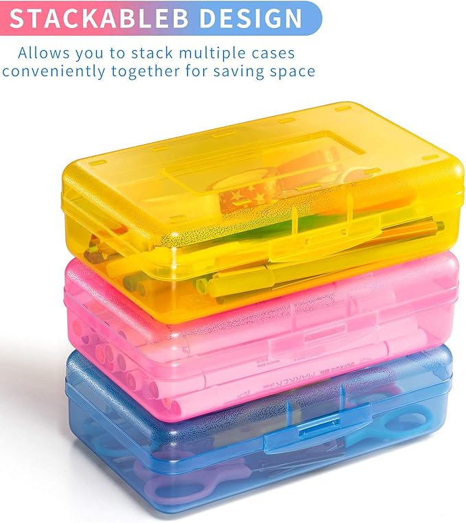 Sooez Plastic Pencil Case Box 6 Pack, Colored Large Craft Storage Bulk, Plastic Containers with Snap-tight Lids, Hobby Art School Supply Organizer, Marker Bead Pen Bins Organizer,Stackable, Clear