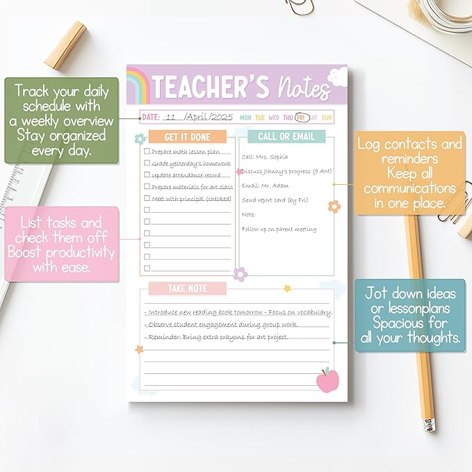 Teacher Gifts, Gifts for New Teachers, Pastel Teacher Notepad, To-Do List Notepad, Stationery Must-Have Supplies for Preschool, Elementary, Middle, and High School Teachers
