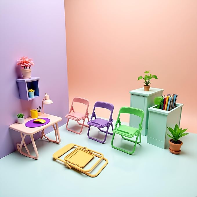 10Pcs Foldable Chair Phone Stand, Mini Universal Mobile Holder in Candy Colors - Cute Desk Decor Accessories, Portable Stool Organizer for Workspace, Gift Ideas and Miniature Decorative Items
