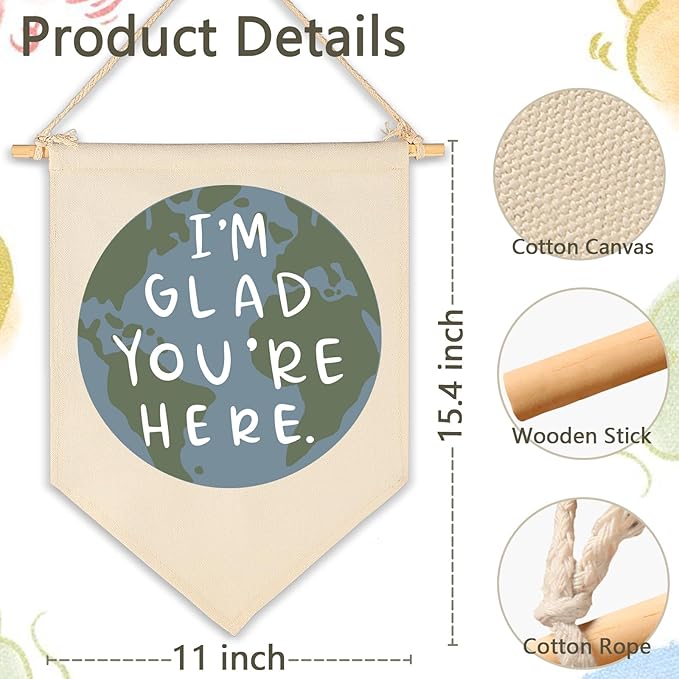 I'm Glad You're Here-Classroom Decor-Teacher Gifts-Welcome Poster Gift-Inspirational Positive Affirmation Motivational Quote-Earth Theme-Canvas Hanging Pennant Flag Banner Wall Sign Decor