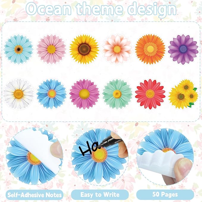 600Pcs Spring Flower Sticky Notes, Self-Adhesive Daisy Sticky Memo Notes Floral Notes Pads for Spring Home Office School Supplies