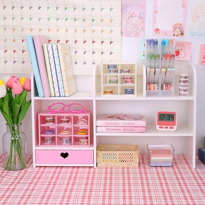 Cute Bookshelves Cute Bookshelf for Desk Kawaii Desk Organizer with Drawer Office Desk Organizers and Accessories Storage Home Decor Display (Pink)