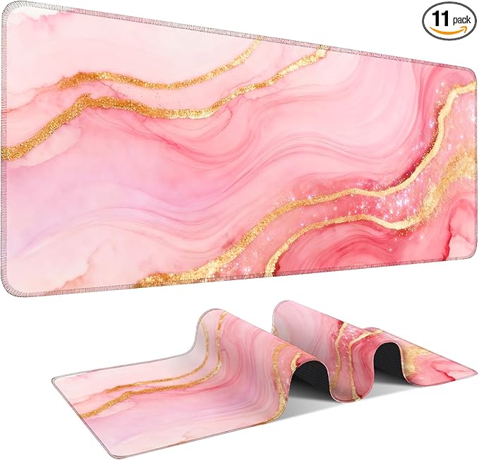 Pink and Gold Stripes Extended Gaming Mouse Pad 31.5x11.8inches Large Desk Mat Anti-Slip Rubber Base & Durable Stitched Edges for Gamers Smooth Mouse Writing Surface for Desk Office/Home