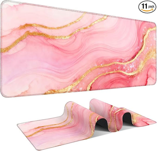 Pink and Gold Stripes Extended Gaming Mouse Pad 31.5x11.8inches Large Desk Mat Anti-Slip Rubber Base & Durable Stitched Edges for Gamers Smooth Mouse Writing Surface for Desk Office/Home