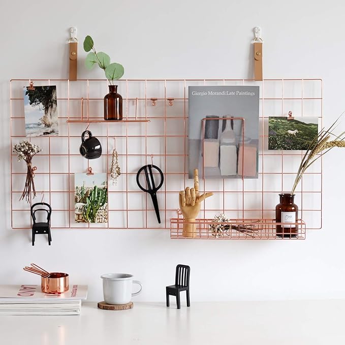FRIADE Rose Gold Grid Basket with Hooks,Bookshelf,Display Shelf for Wall Grid Panel,Wall Mount Organizer and Storage Shelf Rack for Home Supplies,1 Set of 3 (Rose Gold)