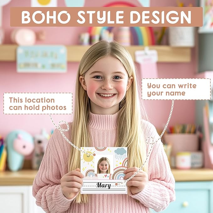 42pcs Rainbow Desk Name Tags Boho Kids Photo Nameplates for Desk Morandi Student Name Plates for Classroom Kindergarten Labels Stickers with Photo Self Adhesive Colorful Classroom Decoration