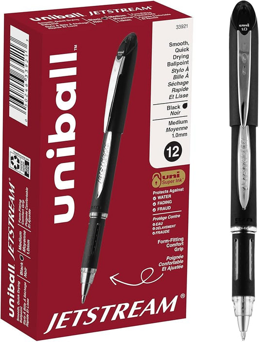 uniball Jetstream Ballpoint Pens, Medium Point (1.0mm), Black, 12 Pack