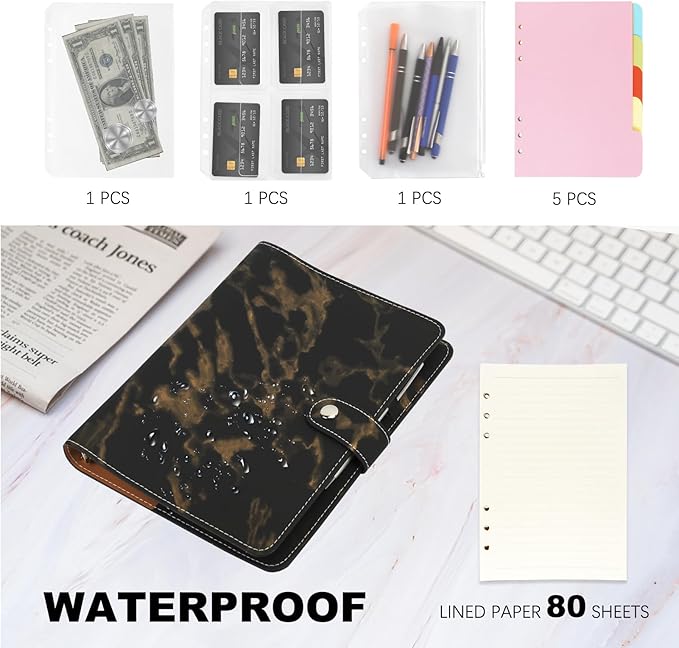 FYY A5 Binder Refillable Planner Notebook 6 Ring PU Leather Binder Journal with Pockets, Dividers, Refill Paper Marble Black