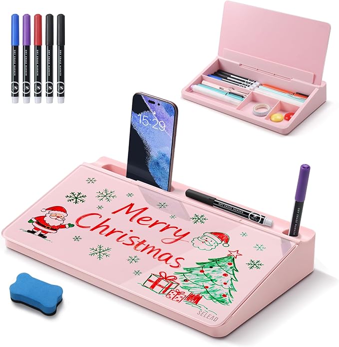 SELEAD Desktop Glass Whiteboard with Storage, Small Dry Erase White Board Computer Pad Keyboard Stand for Home, School, Office Desk Accessories - Pink