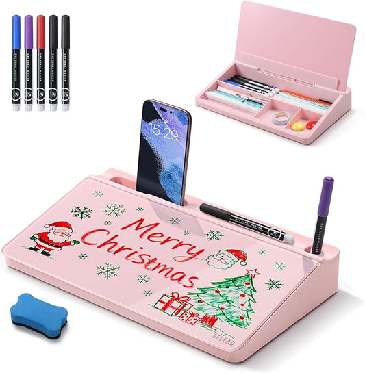 SELEAD Desktop Glass Whiteboard with Storage, Small Dry Erase White Board Computer Pad Keyboard Stand for Home, School, Office Desk Accessories - Pink