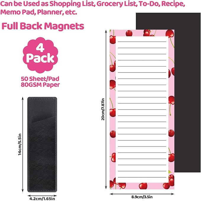 4 Pack Magnetic Note Pad for Fridge, Totally 200 Sheets Grocery List Magnet Pad for Refrigerator Magnetic Shopping List Pad with Pen Holder（Fruit Design）
