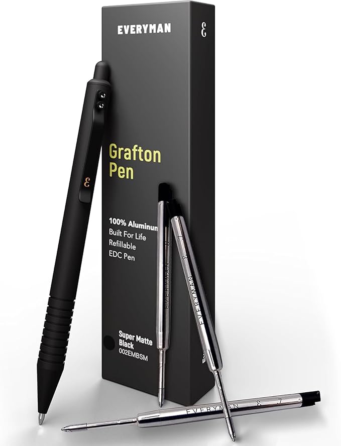 Everyman Black Super Matte Grafton Pen & Refill Set | Refillable Metal 0.7mm Gel Pen with 3 Smooth Black Ink Refills | Premium EDC Writing Tool for Office, Work, Travel & Gifting