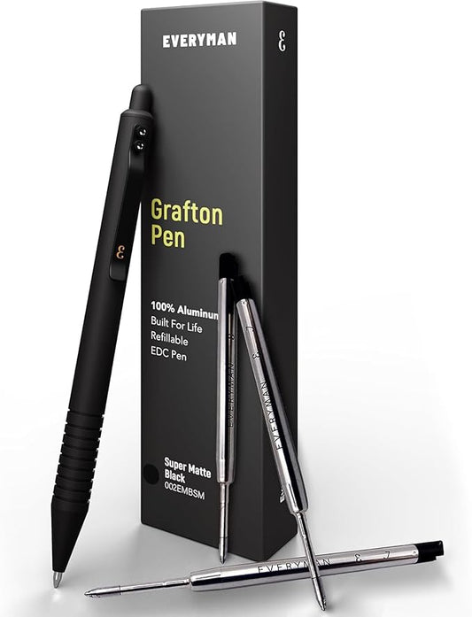 Everyman Black Super Matte Grafton Pen & Refill Set | Refillable Metal 0.7mm Gel Pen with 3 Smooth Black Ink Refills | Premium EDC Writing Tool for Office, Work, Travel & Gifting