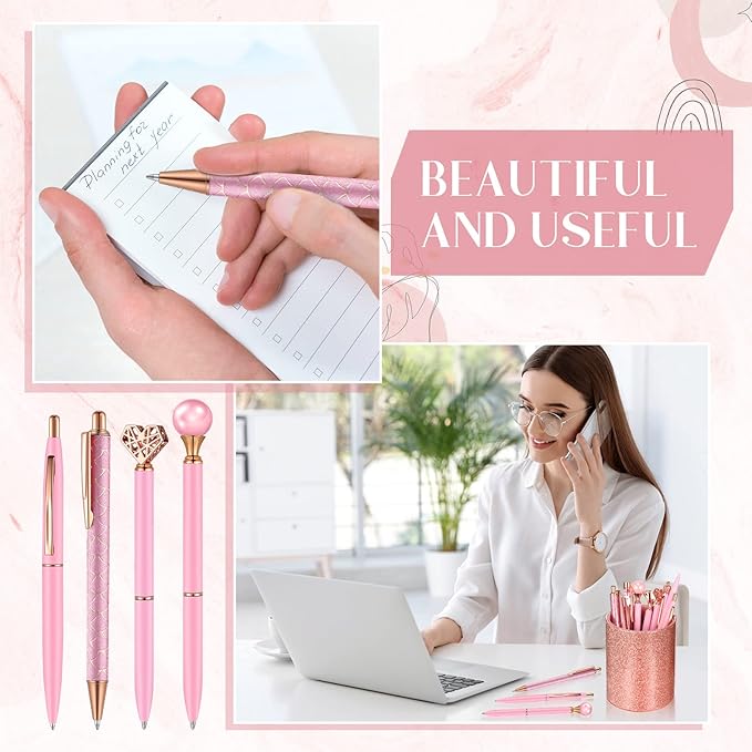 Janmini 9 Pcs Ballpoint Pens Set Metal Crystal Diamond Glitter Pens for Journaling Black Ink Pretty Cute Things Fancy Stationery Gifts for Women Girls Birthday Home Office Desk(Pink)
