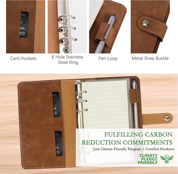 FYY A6 Binder Refillable Planner Notebook 6 Ring PU Leather Binder Journal with Pockets, Dividers, Refill Paper Brown