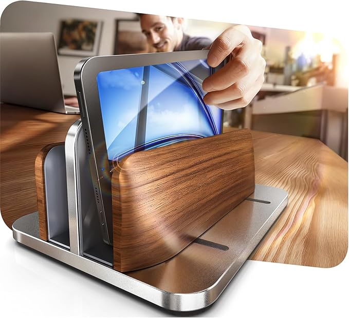 𝟮𝟬𝟮𝟲 𝗨𝗽𝗴𝗿𝗮𝗱𝗲𝗱 Aluminum Vertical Laptop Stand, [Black Cedar Wood Dual-Slot], Desktop Adjustable MacBook Stand, Adjustable Base, for MacBook Pro/Air, (up to 17.3-inch Gaming laptops)