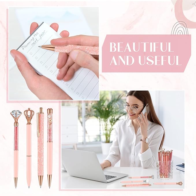 Janmini 9 Pcs Ballpoint Pens Set Metal Crystal Diamond Glitter Pens for Journaling Black Ink Pretty Cute Things Fancy Stationery Gifts for Women Girls Birthday Home Office Desk(Light Pink)