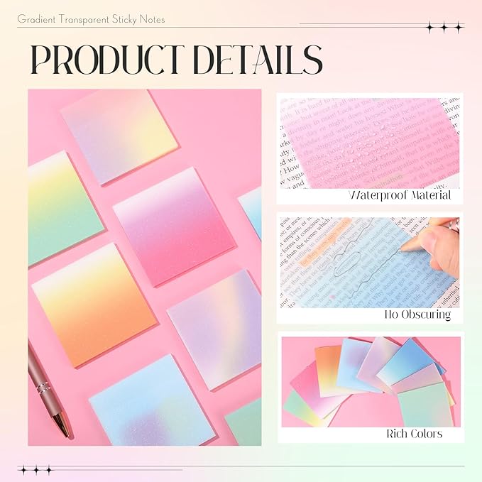 400 Sheets Gradient Transparent Sticky Notes 3 x 3 Inch Clear Pastel Aesthetic Self-Adhesive Sticky Notes for Annotating Bible Journaling Office College Supplies, 8 Pads