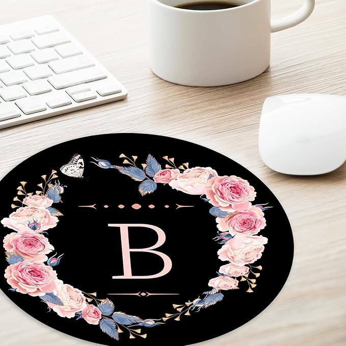 Letter B Black and Pink Flowers Round Mouse Pad, Funny Small Mouse Mat with Non-Slip Rubber Base, Home Office Decor Desk Accessory, 8.7inch Round