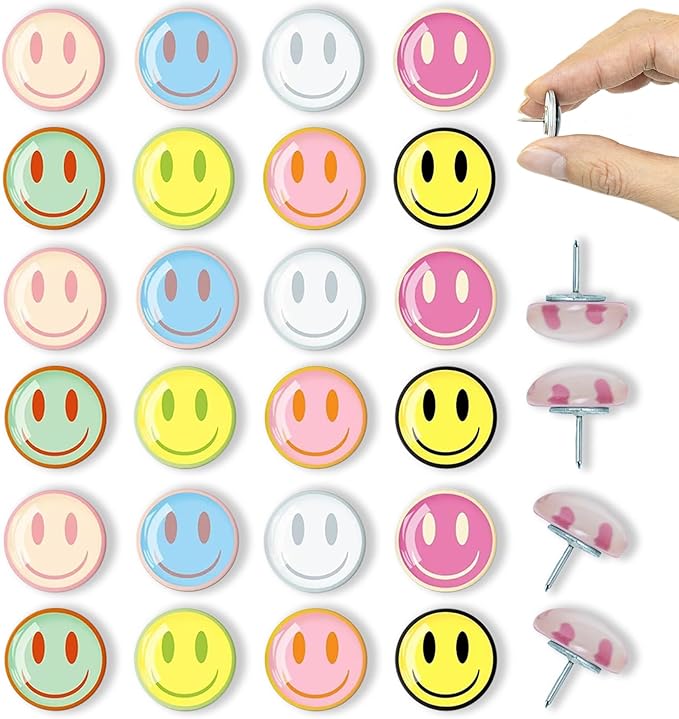 24Pcs Smiley Face Decorative Push Pins,Cute Thumb Tacks,Boarders for Bulletin Board,Cork Board Thumbtacks for Classroom Decor,Home Decor and Office Decor(Smiley Face)