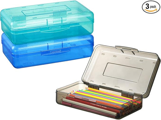 Sooez 3 Pack Pencil Case, Large Hard Pencil Box Bulk, Clear Crayon Box Marker Pen Organizer, Plastic Storage Container with Snap Lid, Stackable Art Craft Organizer Back to School Supplies
