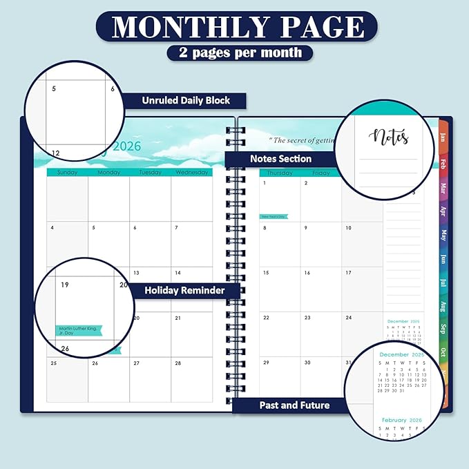 2026 Planner - 2026 Planner Weekly and Monthly, JAN 2026 - DEC 2026, 6" x 8.4", Calendar Planner with Premium Paper, Twin-wire Binding, Waterproof Cover, Coloful Tabs, Blue