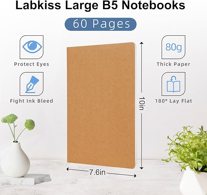 30 Pack Large B5 Blank Notebook & Journal Bulk, Kraft Cover, B5 Size, 7.6x10 inch, 60 Pages, Unlined Thick Paper, Composition Note Pad Sketchbook Set for Traveler Student Business Office