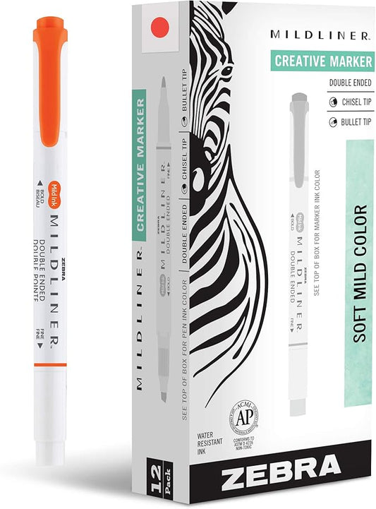 Zebra Pen Mildliner Dual-Tip Highlighters, Broad and Fine Tips, Ideal for Bible Highlighting, No Bleed, School Supplies, Teacher Supplies, and Office Supplies, Mild Marigold Ink, 12-Pack (78490upc)