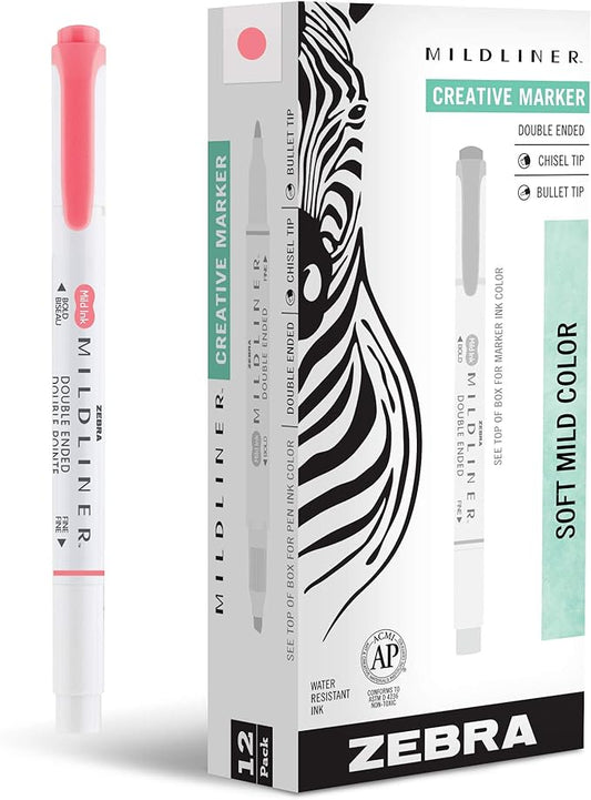 Zebra Pen Mildliner Dual-Tip Highlighters, Broad and Fine Tips, Ideal for Bible Highlighting, No Bleed, School Supplies, Teacher Supplies, and Office Supplies, Mild Coral Pink Ink, 12-Pack (78570upc)